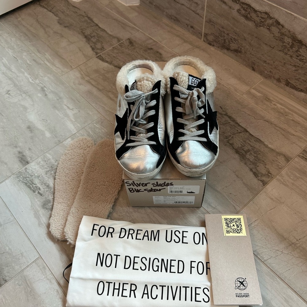 ***SOLD***Golden Goose Super Star Slides- Silver Sneakers with Black Star